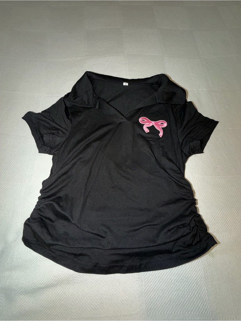 Black Short-Sleeve Polo Top with Pink Bow Accent